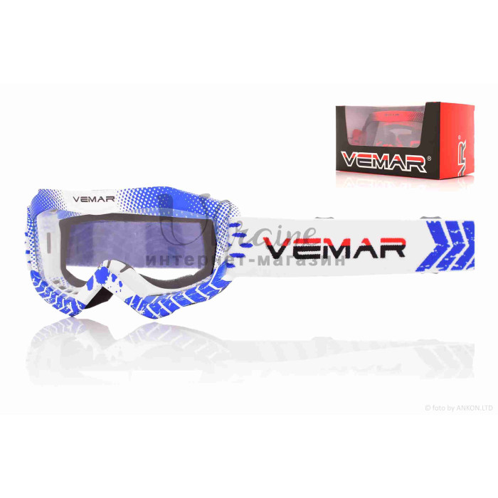 Очки кроссовые детские "VEMAR" #VM-1018/#A+U2537, бело-синие, визор безцветный