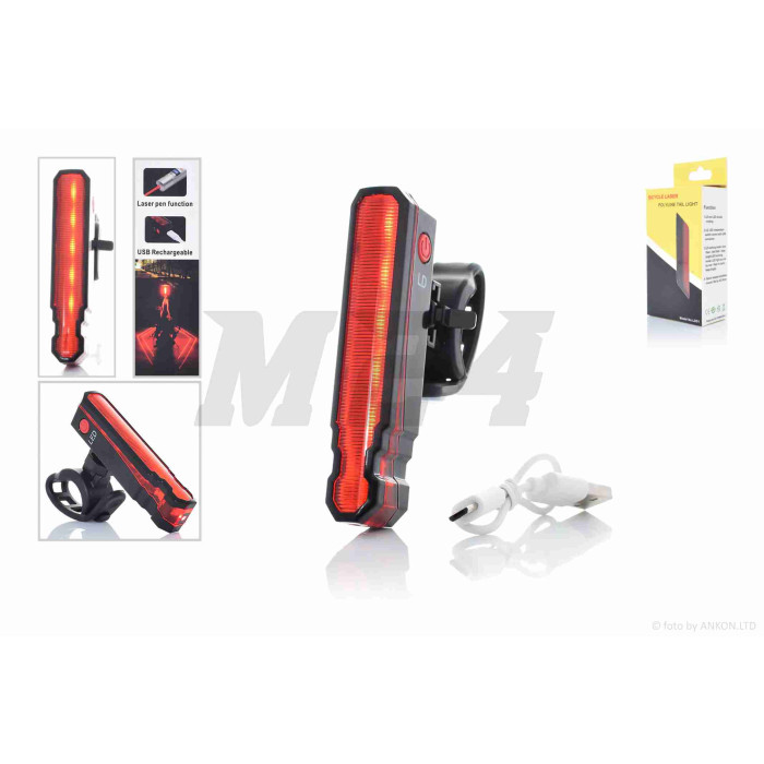 Габарит задній вело 5 діодів 3 режими +лазер, USB, 500mAh #DEN-069