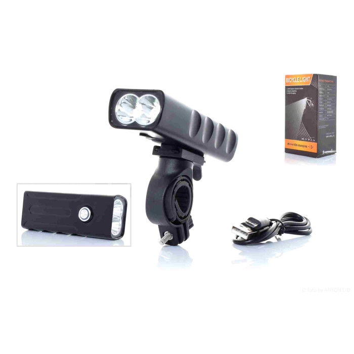 Фара велосипеда 2 діоди 2 рівня яскравості +flash USB IPX5 #DEN-070