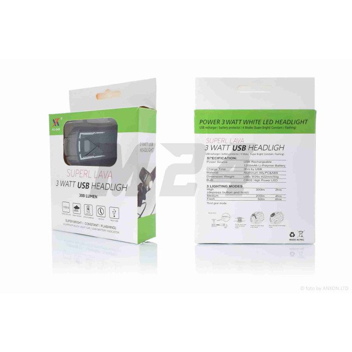 Фара велосипеда USB/800mAh 1led CREE 300lm 4 режими +flash +кріплення на шолом алюміній #DEN-059