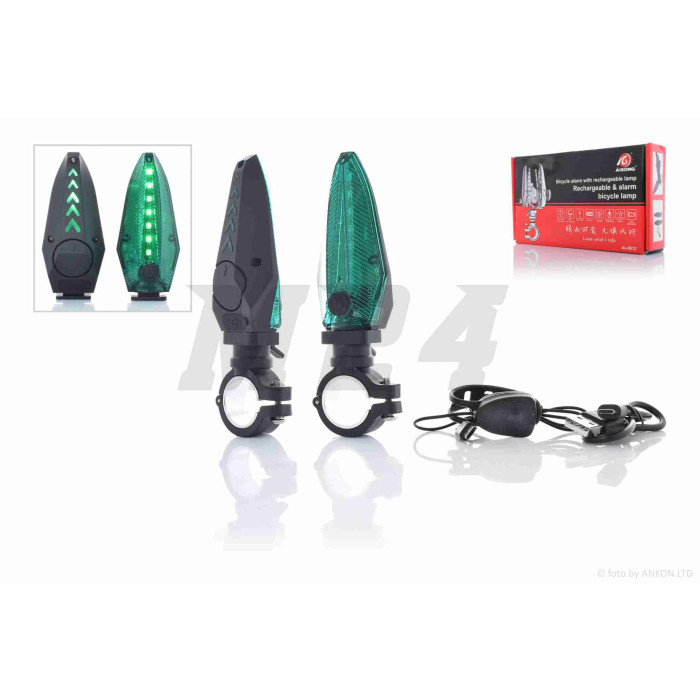 Габарити на кермо велосипеда USB 250mAh IPX4 з сигналом, зелений 15lm 5режимів #AS0612 #DEN-038 "AISONG"