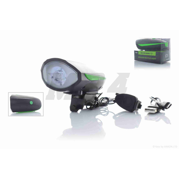 Фара велосипеда із сигналом, зелена, USB, 1200mAh, 250LM/2,5H 125LM/5H #DEN-029