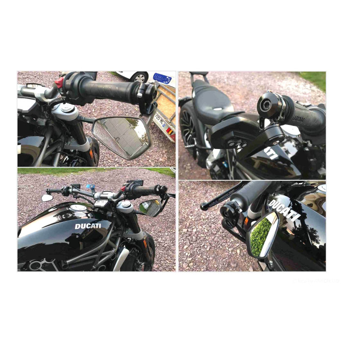 Дзеркала в торець керма, стрілоподібні, алюміній, d13/17 "CUSTOM" (чорний корпус, чорне кріплення, синє тонування дзеркала)