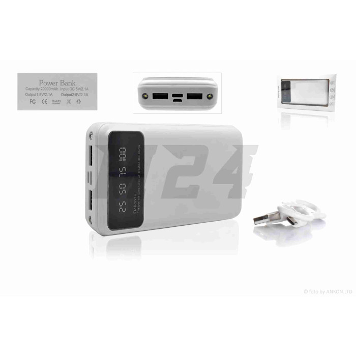 Портативное зарядное устройство Power Bank 20000mAh USB/Type-C + фонарик 2LED белый