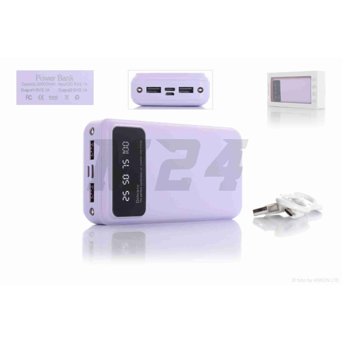 Портативное зарядное устройство Power Bank 20000mAh USB/Type-C +фонарик 2LED фиолетовый