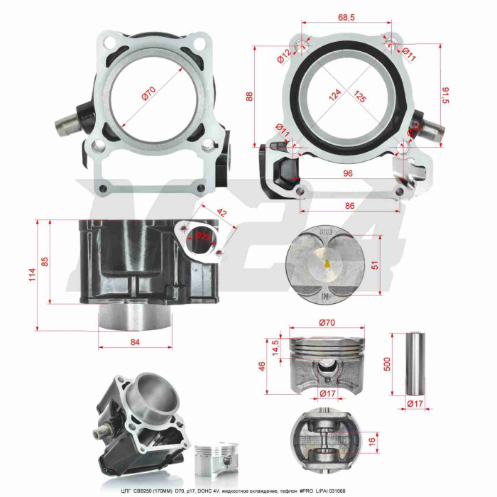 ЦПГ CBB250 (170MM) D70, p17, DOHC 4V, жидкостное охлаждение, тефлон #PRO "LIPAI"