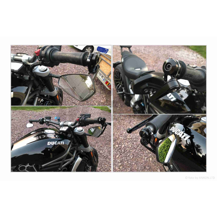 Дзеркала в торець керма, стрілоподібні, алюміній, d13/17 "CUSTOM" (чорний корпус, кріплення хром, синє тонування дзеркала)