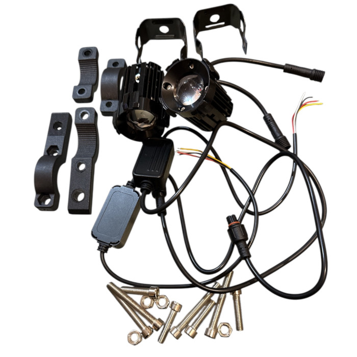 Фара LED 14 REC біла з жовтим+стробоскоп D48mm L56 мм 12-80V 16,5W, 2500LM 6000/3000 з кулером + кріплення на кермо 2 шт.