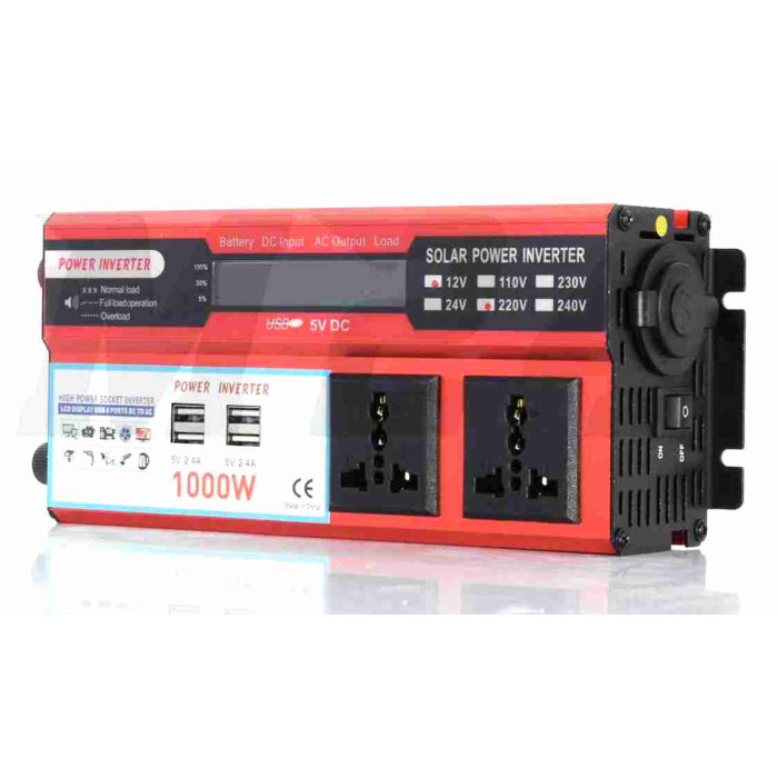 Інвертор AC/DC-12V/220V, 1000/2000W, LCD екран, 4хUSB, дві розетки #ATPI-7